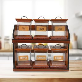 Hand made wooden Spice Rack, 2 Tier 6 boxes